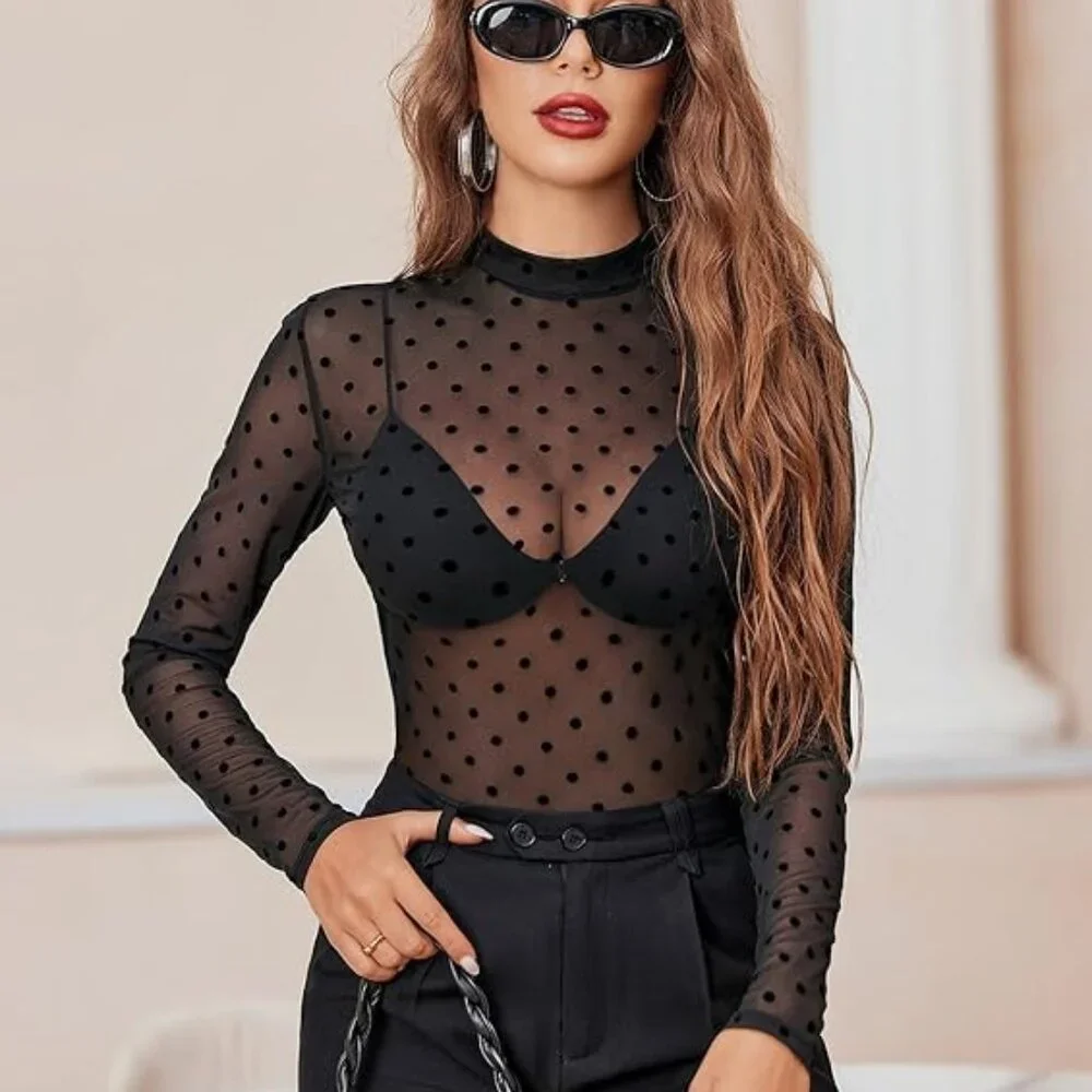 Mesh Top for Women Long Sleeve See Through Shirt - Picture 2 of 5